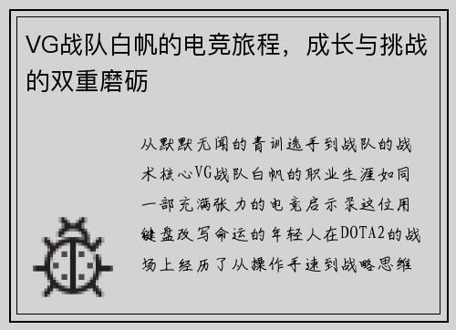 VG战队白帆的电竞旅程，成长与挑战的双重磨砺